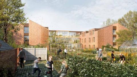 An artist's impression of a large three storey red brick building with large windows, overlooking an allotment with people gardening and children playing in it.