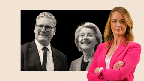 A treated image of Sir Keir Starmer and Ursula von der Leyen with a image of Laura K edited on the side
