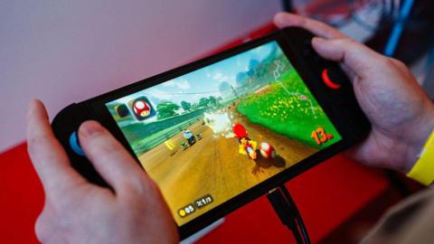 A guest plays Mariokart World with the new Nintendo Switch 2 video-game console system.