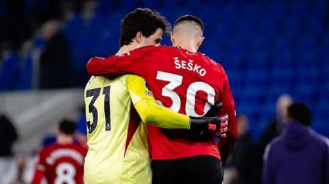Manchester United match winner Benjamin Sesko and goalkeeper Senne Lammens after the 1-0 win at Everton