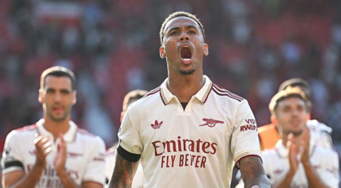 Gabriel celebrates for Arsenal