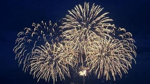 Several gold fireworks exploding into plumes against a dark sky over Douglas Bay.