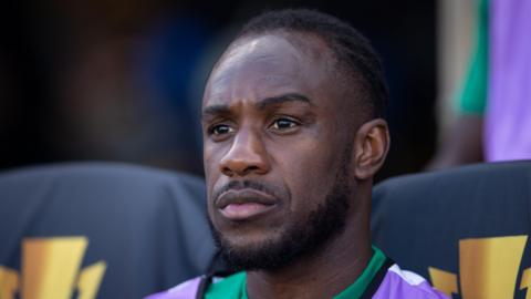 Jamaica forward Michail Antonio looks on before a 2025 Concacaf Gold Cup Group C match against Guadeloupe 