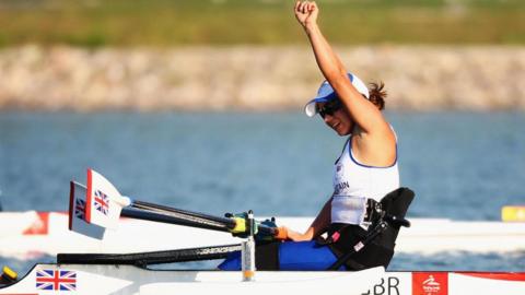 Helene Raynsford on the water having won gold at Beijing 2008