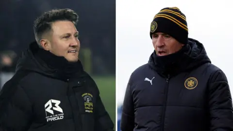 Annagh United boss Ciaran McGurgan and Carrick Rangers manager Stephen Baxter 