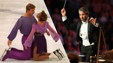 A split image of a conductor and Torvill and Dean