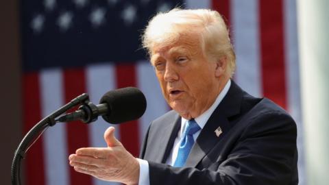Trump speaking in the Rose Garden of the White House. behind him is a US flag. he is talking and is gesturing with his left hand. There is a mic in fornt of him. He is wearing a black blazer, white shirt and light blue tie. There is a flag pin on his left lapel.