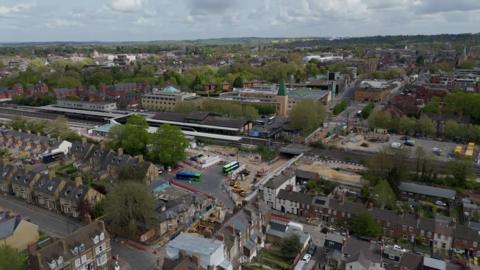 An aerial shot of Oxford, with the centre consisting of a large area of road works.