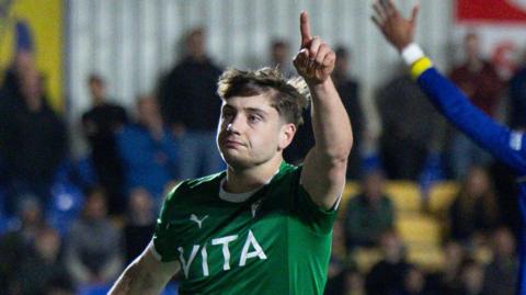 Josh Stokes, of Stockport County, celebrates a goal