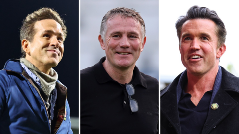 Wrexham co-owner Ryan Reynolds (left), manager Phil Parkinson (centre) and co-owner Rob Mac (right)