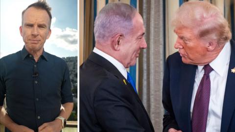 Splitscreen of John, and a picture of Netanyahu and Trump shaking hands