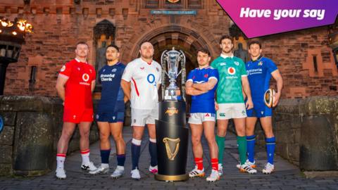 Wales' Dewi Lake (L), Scotland's captain Sione Tuipulotu (2L), England's Jamie George (3L), France's Antoine Dupont (3R), Ireland's Caelan Doris (2R), and Italy's Michele Lamaro pose with the trophy during the 6 Nations rugby union tournament media launch in Edinburgh, Scotland.