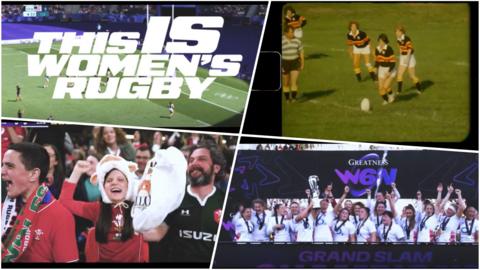 A collage of images showing women’s rugby and support.