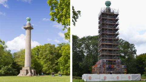 The monument before and after work to repair it began