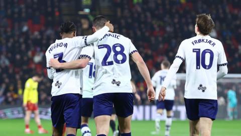 Preston North End's Milutin Osmajic and Jayden Meghoma celebrating Osmajic's second goal during their match against Watford