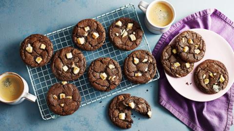 A tray of double chocolate cookies.