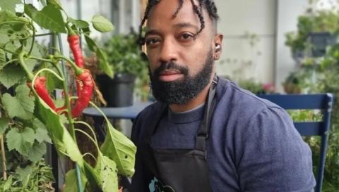 Jason Williams is sitting on his balcony surrounded by a variety of different plants.