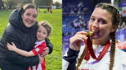 A composite of two images. The first featuring Rachel Davis holding her daughter in her arms smiling at an amateur football pitch. The second of Amy Truesdale posing with her Paralympic gold medal clenched between her teeth. 