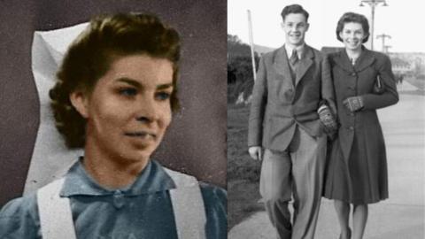 Elsie as a young nurse during World War II. Right image: Elsie with future husband Roy on a visit to Paignton, Devon, in 1942