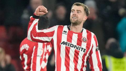 Sheffield United player Patrick Bamford celebrates his goal against Portsmouth