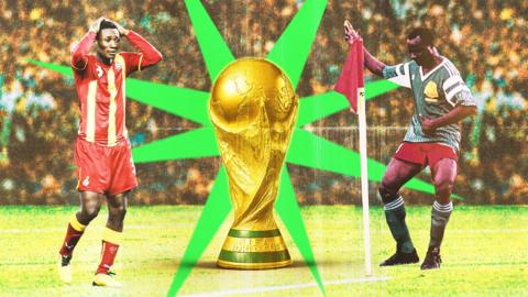 A colourful composite graphic shows on the left Asamoah Gyan in red and yellow Ghana kit holding his hands to his head in shock, the Fifa World Cup trophy with a spiky green eight-pointed star radiating from behind it, and on the right-hand side a picture of Cameroon striker Roger Milla dancing in front of a corner flag in celebration. The whole image is treated with a vintage filter