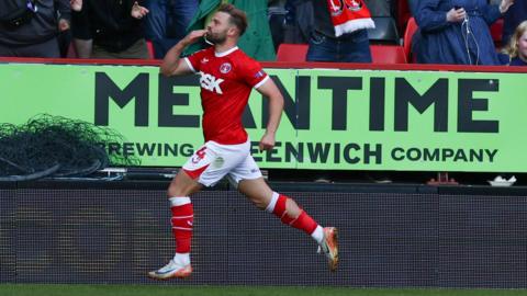 Matty Godden celebrates scoring the winner for Charlton Athletic against Birmingham City