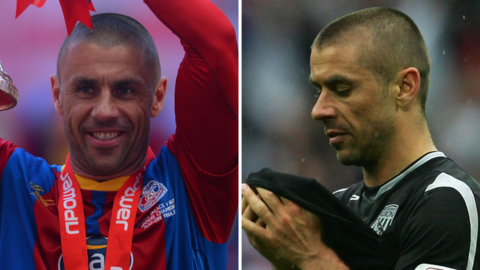 Kevin Phillips lifting the play-off final trophy in 2013 (left) and lifting his shirt up in disappointment with West Brom in 2007