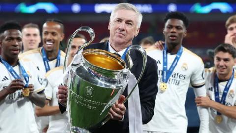 Carlo Ancelotti holding the champions league trophy with the team behind him