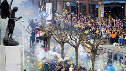Crowds of Leeds United fans in the city centre