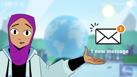 Illustrated character Fatima making a video call from the future about climate change. She smiles at camera in front of globe with pop up 'new message' icon.