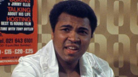 Close up of boxer Muhammad Ali backstage in Birmingham, England.