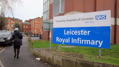 Exterior shot of Leicester Royal Infirmary showing the sign