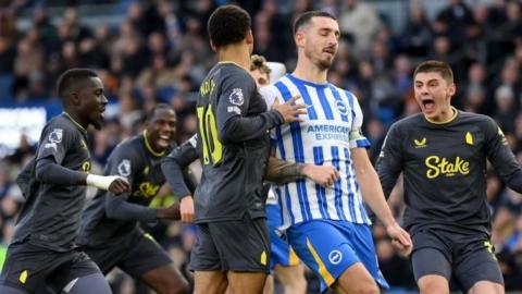 Iliman Ndiaye turns away to celebrate after scoring a penalty in Everton's Premier League win at Brighton