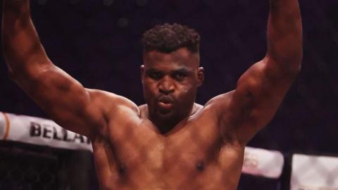 Francis Ngannou celebrates his win over Renan Ferreira at the PFL Super Fights event in Riyadh, Saudi Arabia