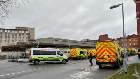 Ambulances waiting outside Leicester Royal Infirmary's emergency department during a previous critical incident