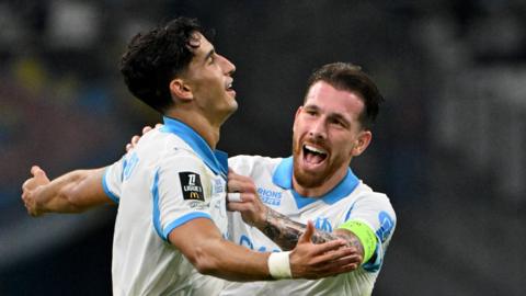 Nayef Aguerd celebrates a goal for Marseille