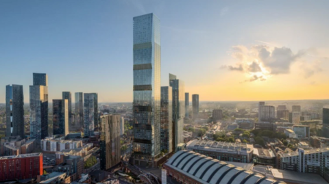 An artist's impression of the skyscraper, surrounded by smaller towers, with a yellow sunset in the background