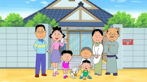 Sazae-san - cartoon family standing outside a house