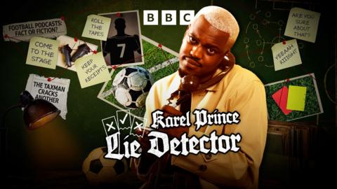 A young man with white hair on the phone looking into the camera behind text that reads 'BBC' and 'Karel Prince: Lie Detector'