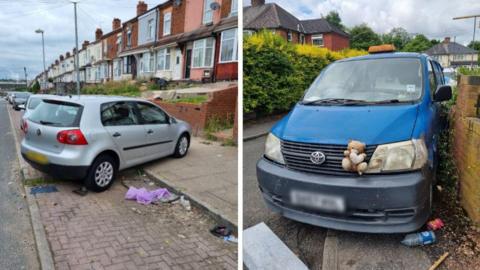 Cars parked on the pavement