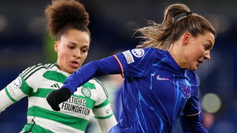 Celtic and Chelsea players compete for the ball