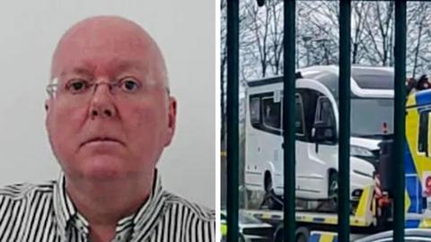 A composite image of a police mugshot of Peter Murrell wearing a striped shirt, next to a white campervan on the back of a recovery truck.