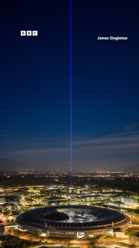 A beam of light shines into the night sky.