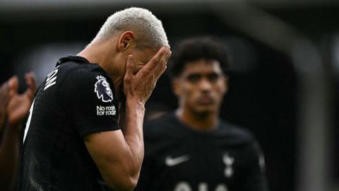 Tottenham Hotspur striker Richarlison holds his head in his hands during the 2-1 Premier League defeat against Fulham at Craven Cottage