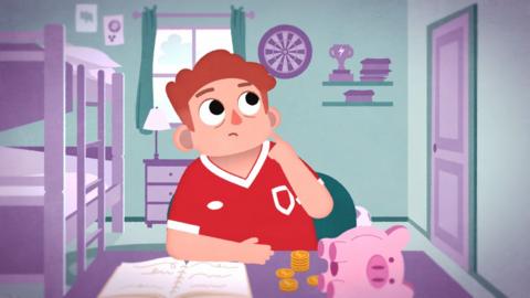 Animated image of a boy in his bedroom counting money in from his piggy bank.