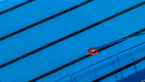A blue hosepipe with bright red lifering on the end, floating in a vivid blue laned swimming pool