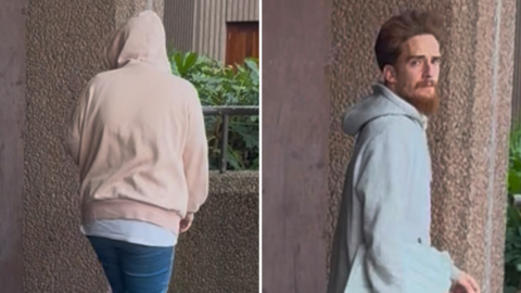 A composite image showing a woman wearing jeans and a pink hoody, who has turned her back to the camera and covered her head with the hood, and a man in his 20s with light brown hair and a ginger beard.
