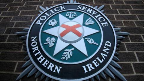 A PSNI crest. It is black on the outer circle,  green on the inner circle and has a star in the middle with St patrick's saltire as well as a shamrock, torch, crown, harp and scales. 