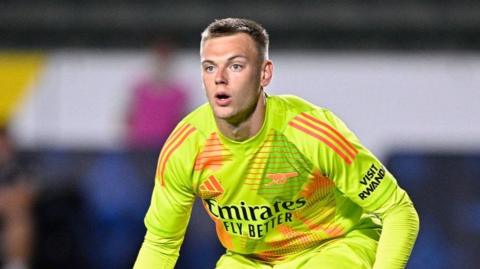 Arsenal goalkeeper Karl Hein in action against Bournemouth in Los Angeles