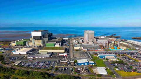 Drone image of Heysham's two nuclear power stations looking across the Morecambe Bay